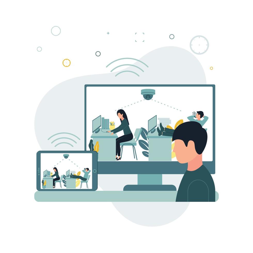 CCTV. Vector illustration a surveillance camera takes pictures as a man in the office at the workplace leaned back in his chair, put his legs on the table and speaks on the phone.