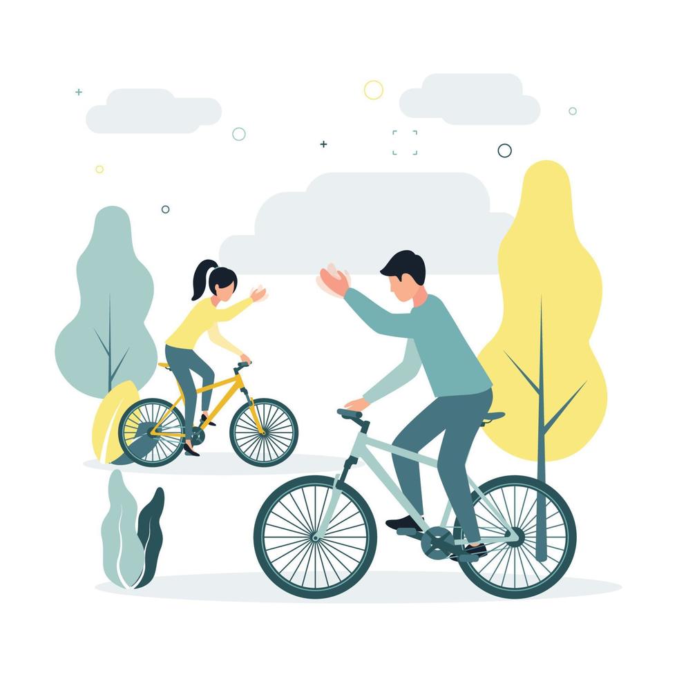 Vector illustration a woman and a man ride bicycles, wave their hands to each other, on a background of trees, plants, clouds. People ride bicycles, shake hands.