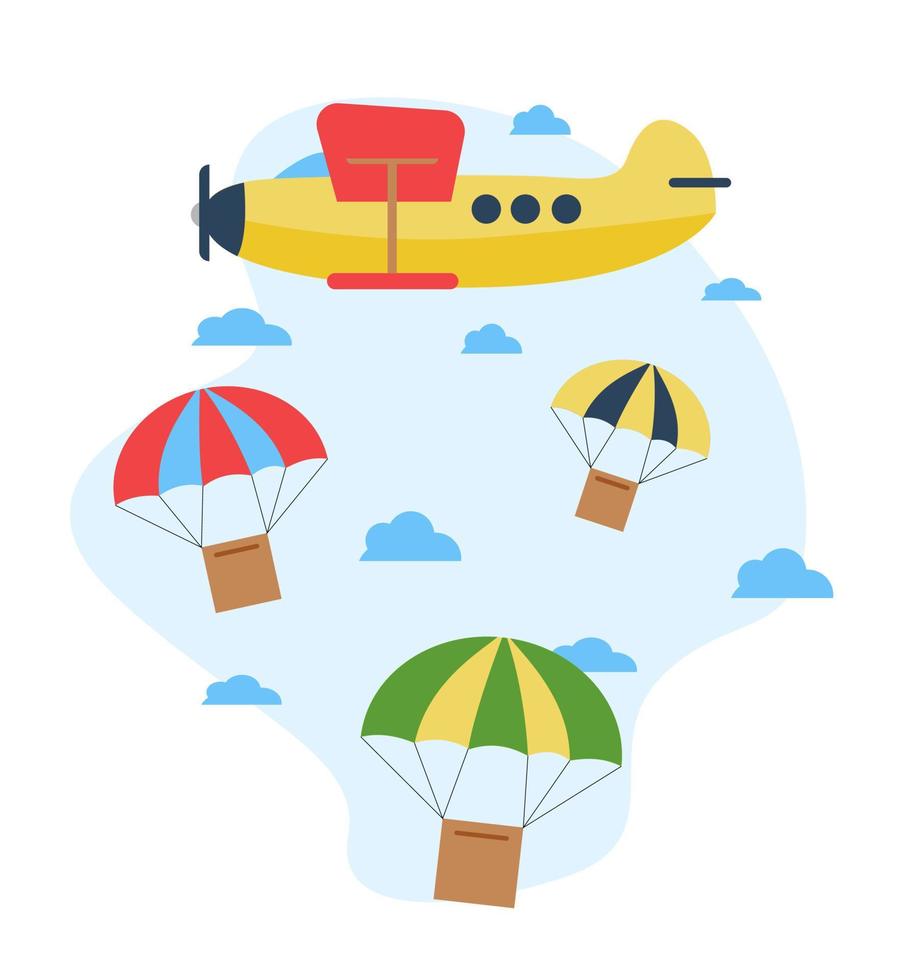 Delivery illustration. The plane drops parcels with a parachute. Boxes are flying with a parachute in the sky. vector