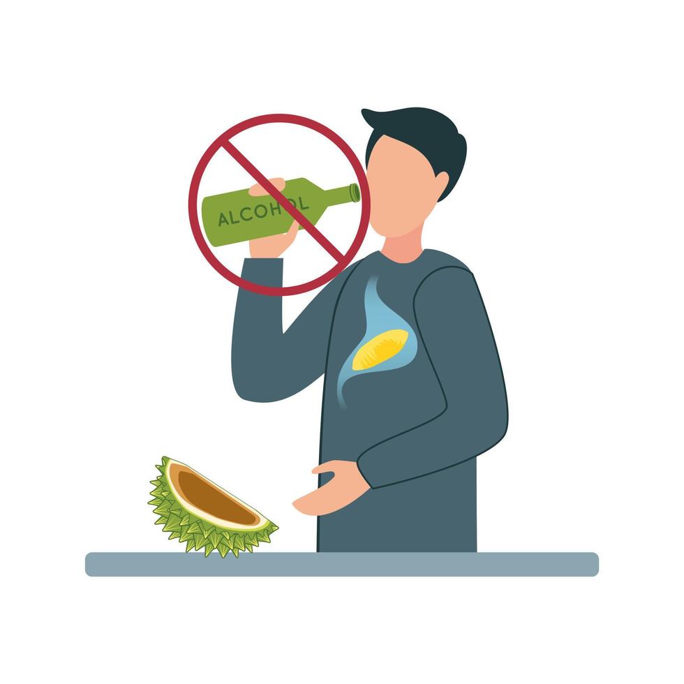 Illustration with a sign prohibiting drinking alcohol with the durian fruit. A man ate durian, drinks alcohol from a bottle on which a prohibition sign. vector