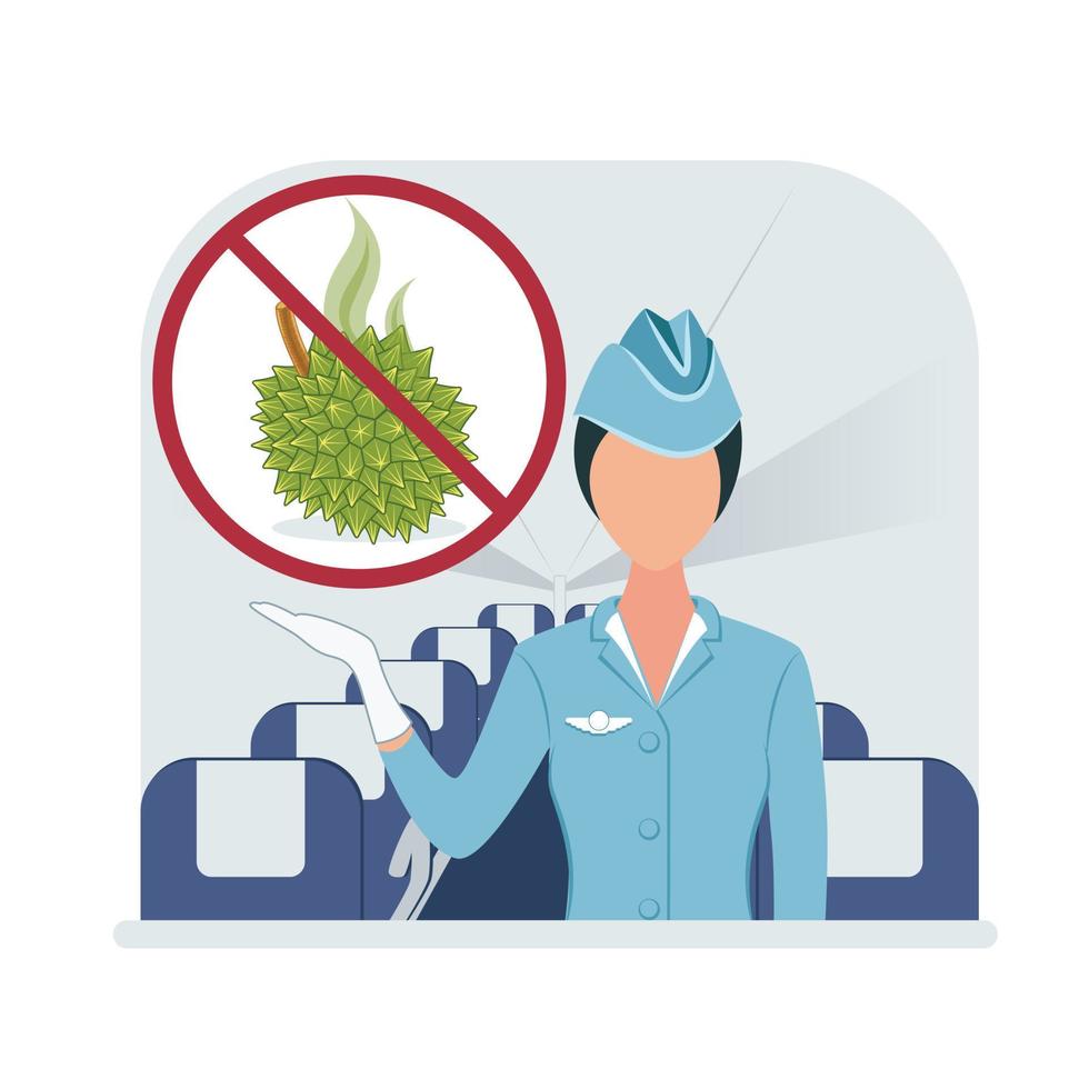 Illustration of a durian fruit cannot be carried on a plane. On board the aircraft, the stewardess shows a prohibition sign on which the fruit is durian vector