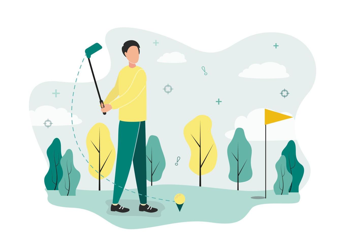 Golf illustration. A golfer stands on a field in front of a golf ball on a stand, holds a club in his hands and waves, against the background of a flagpole, trees, clouds. vector