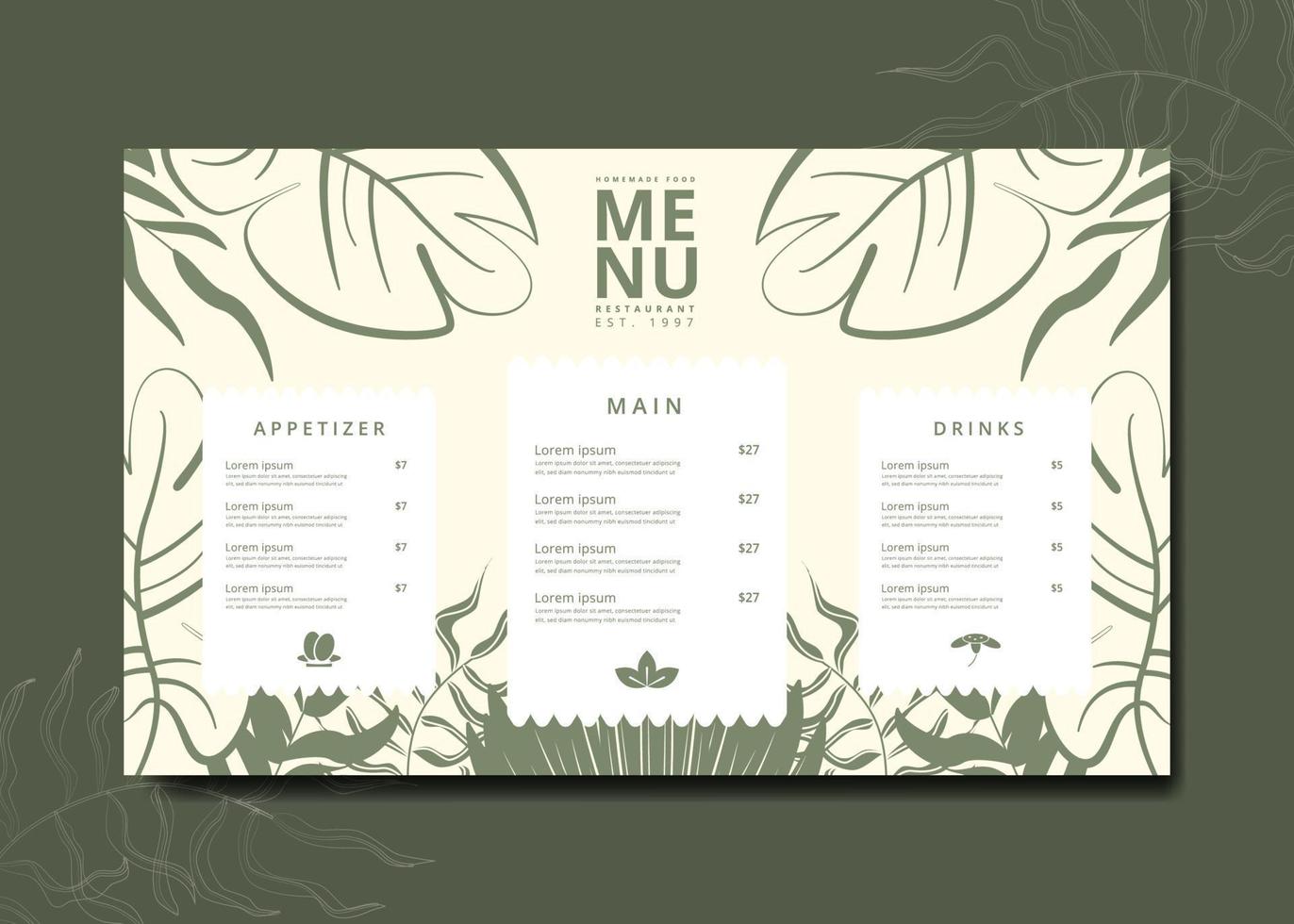 verde minimalista tropical restaurante menú modelo diseño vector