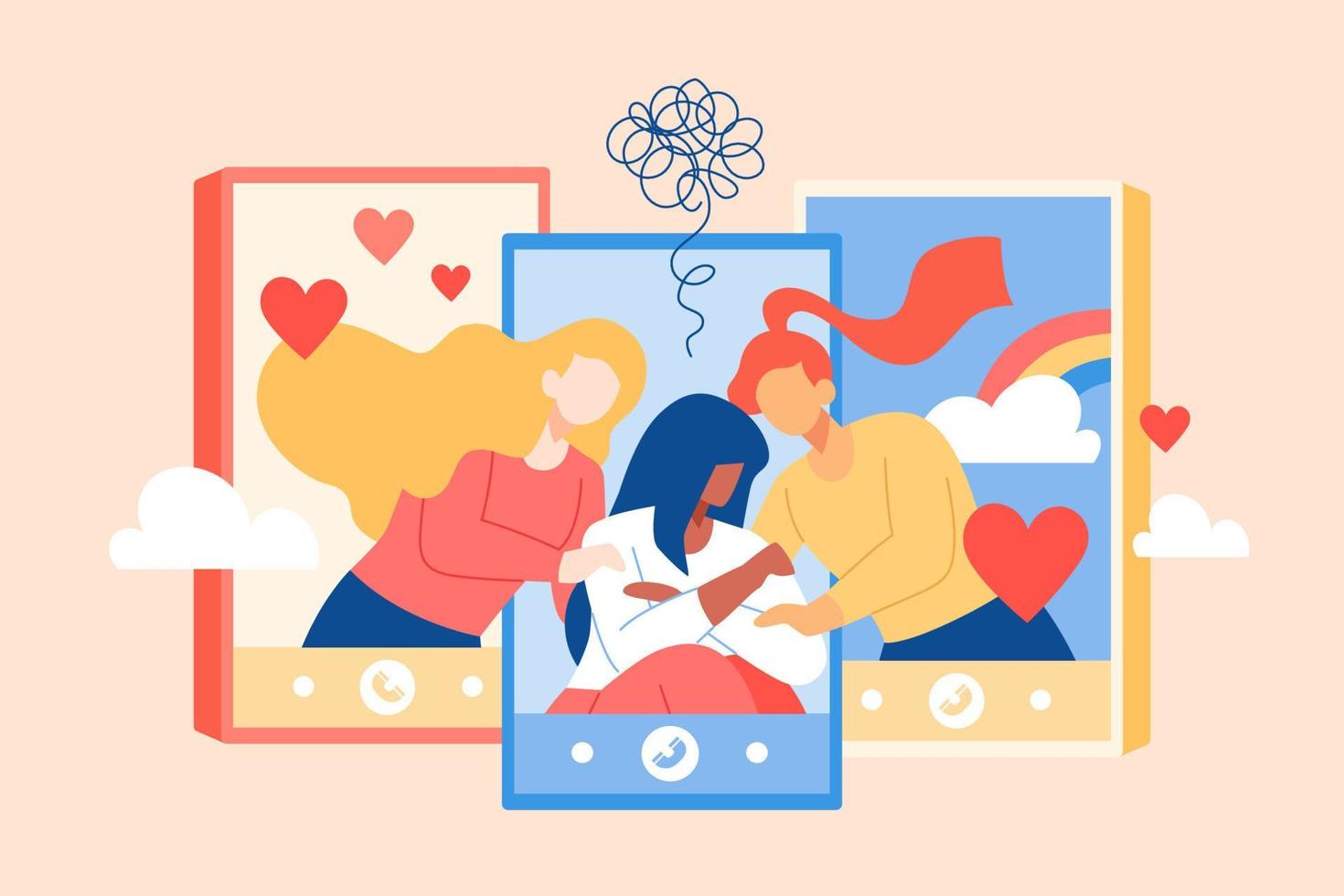 Flat illustration of comforting a friend on the phone. Two females comforts a good friend who feeling depressed and sending her lots of love as supports on the video call vector