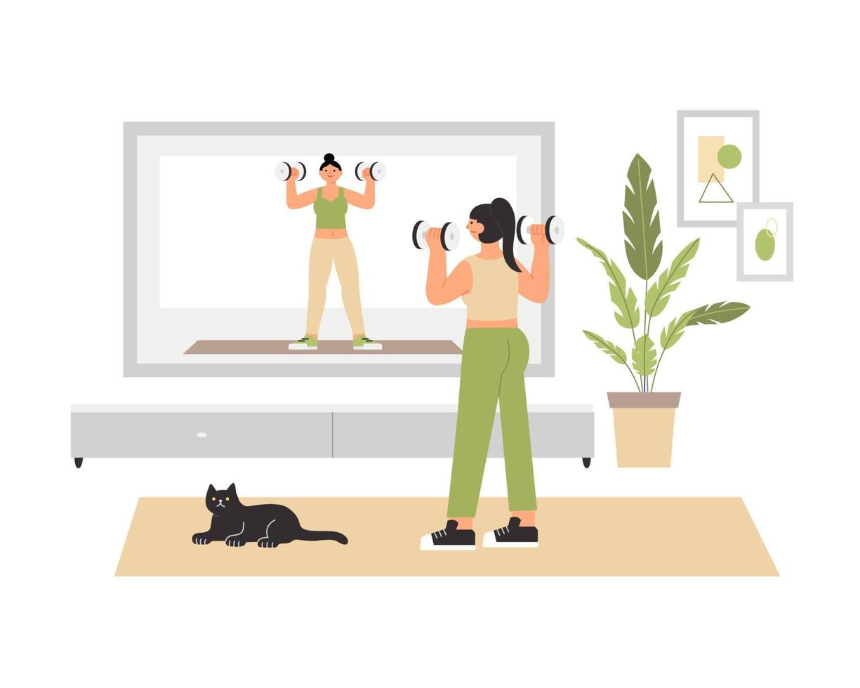 Young woman watching workout tutorial video and doing weight training exercise at home during quarantine. vector