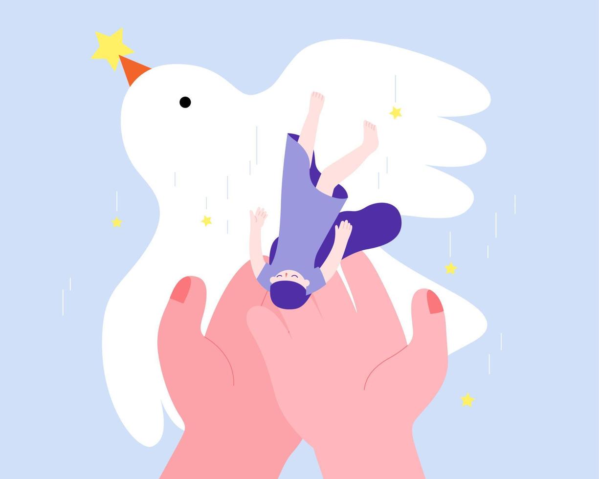 Flat illustration of hands saving a falling woman with dove bird flying by. Concept of finding inner peace and mental health support. vector