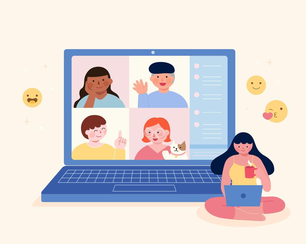 plano ilustración de un joven mujer teniendo un vídeo charla con amigos en ordenador portátil con emojis alrededor. vector