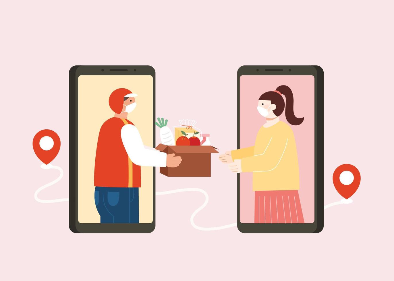 Groceries delivery during covid pandemic in flat design. Courier handing over a box of grocery to young woman through phones. Both wearing face masks. vector