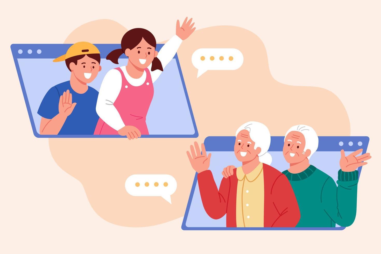Greeting family via video call. Flat illustration of grandchildren meeting and saying hi to their grandparents online vector