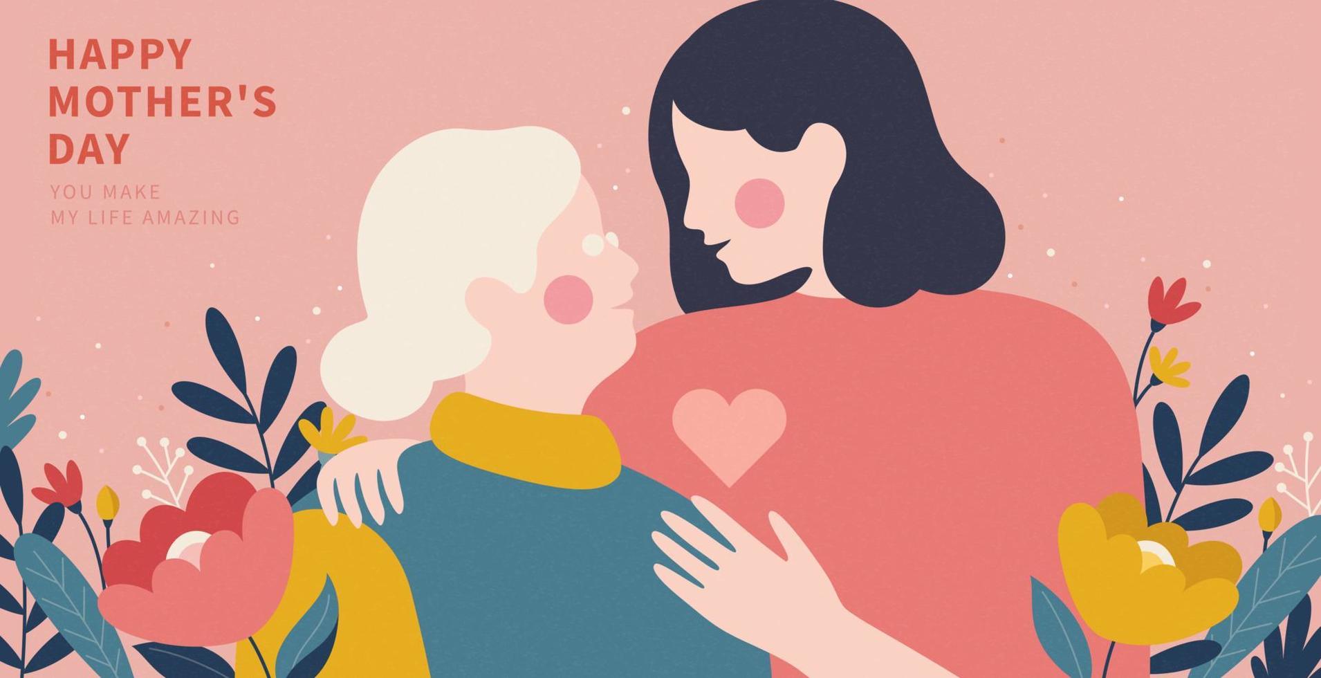 Portrait of a daughter hugging her old mother from shoulder. Illustrated in flat design on pink background. Concept of senior care for moms or happy mother's day. vector