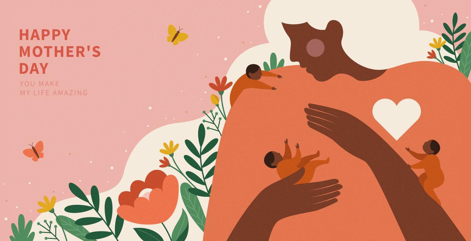 retrato de un africano americano mujer tomando cuidado de su bebés. ilustrado en plano diseño en rosado floral antecedentes. vector