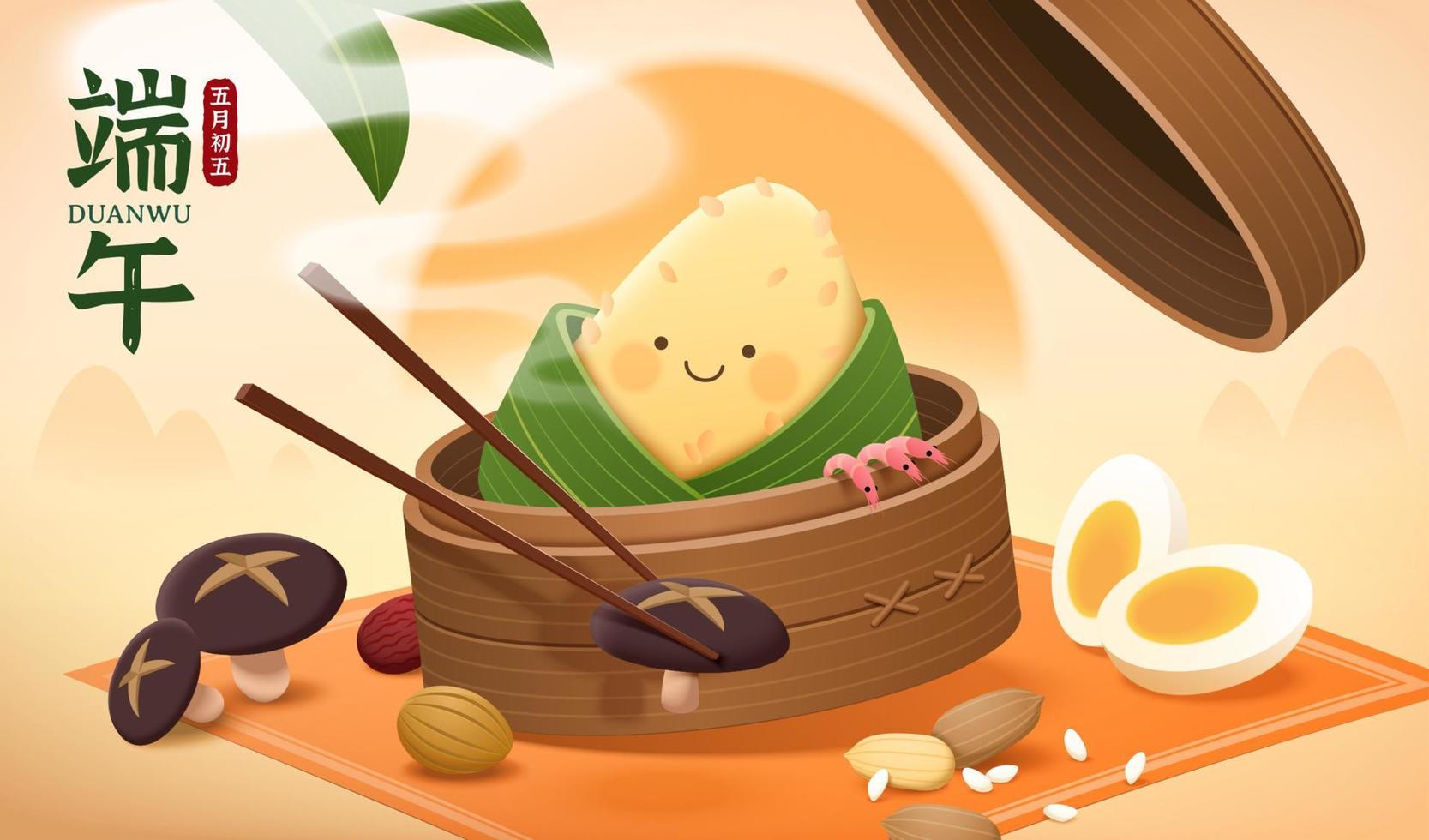 Cute cartoon rice dumpling sitting in a bamboo steamer. Concept of traditional Duanwu cuisine and food ingredients. Translation, Dragon boat festival, the fifth of May. vector