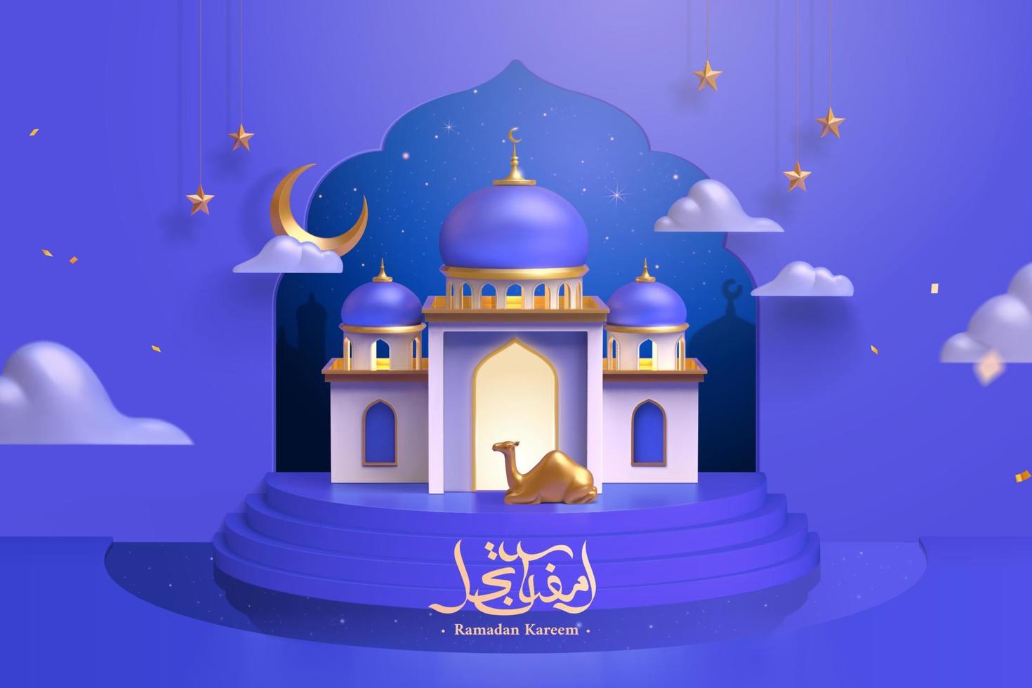 3d surreal Arabic banner, designed with a lit up mosque model on stair podium. Islamic holiday background design for greeting card or sale event. vector