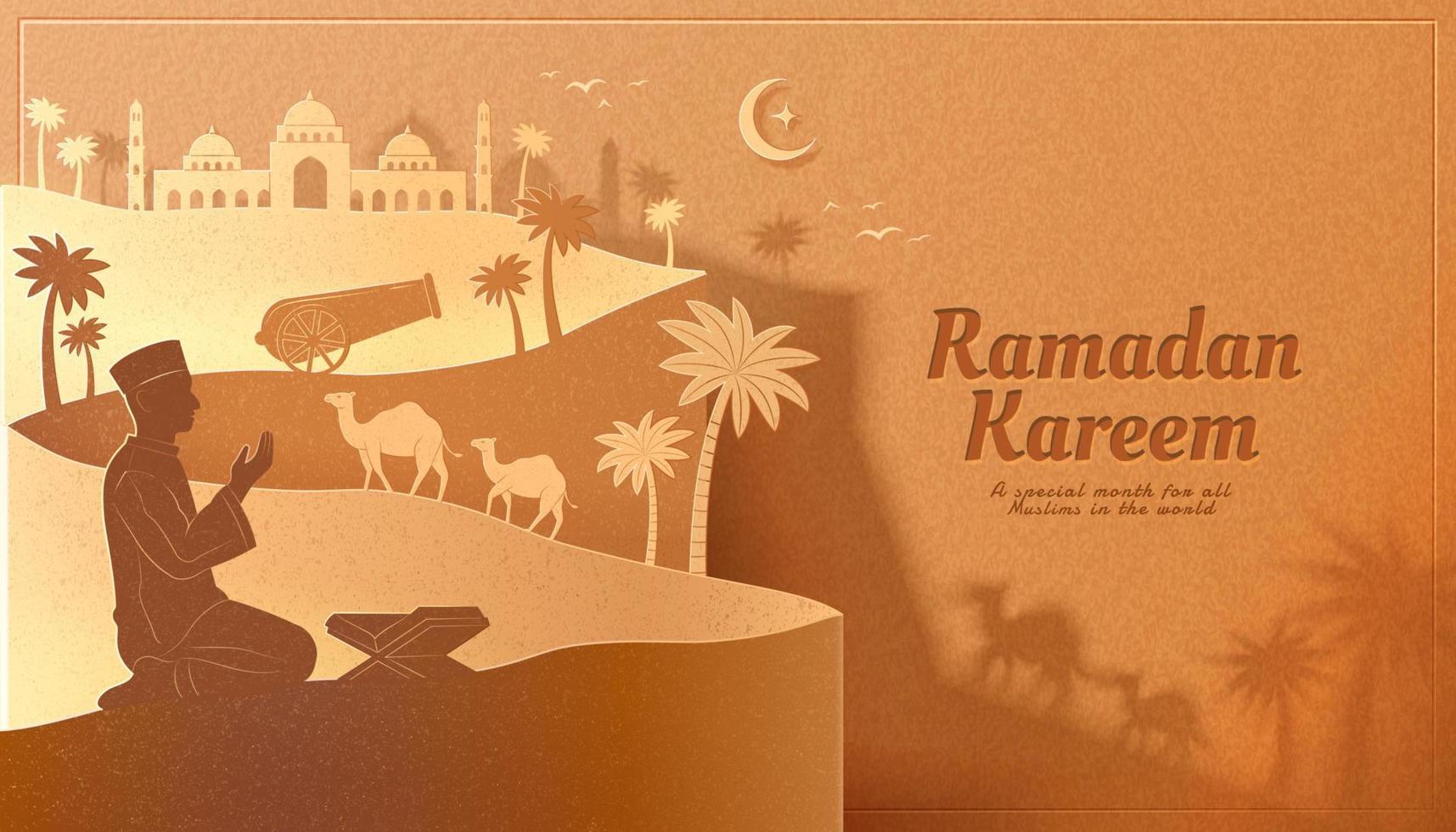 A prayer with camels, cannon, crescent and palm trees silhouette behind as Islamic symbols celebrating holy Ramadan on tan background vector