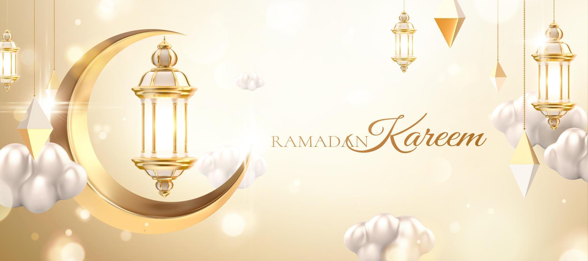 3d Islamic holiday celebration banner with metallic lanterns cloud and crescent moon decoration. Suitable for Ramadan, Eid al-Fitr or Hari Raya. vector