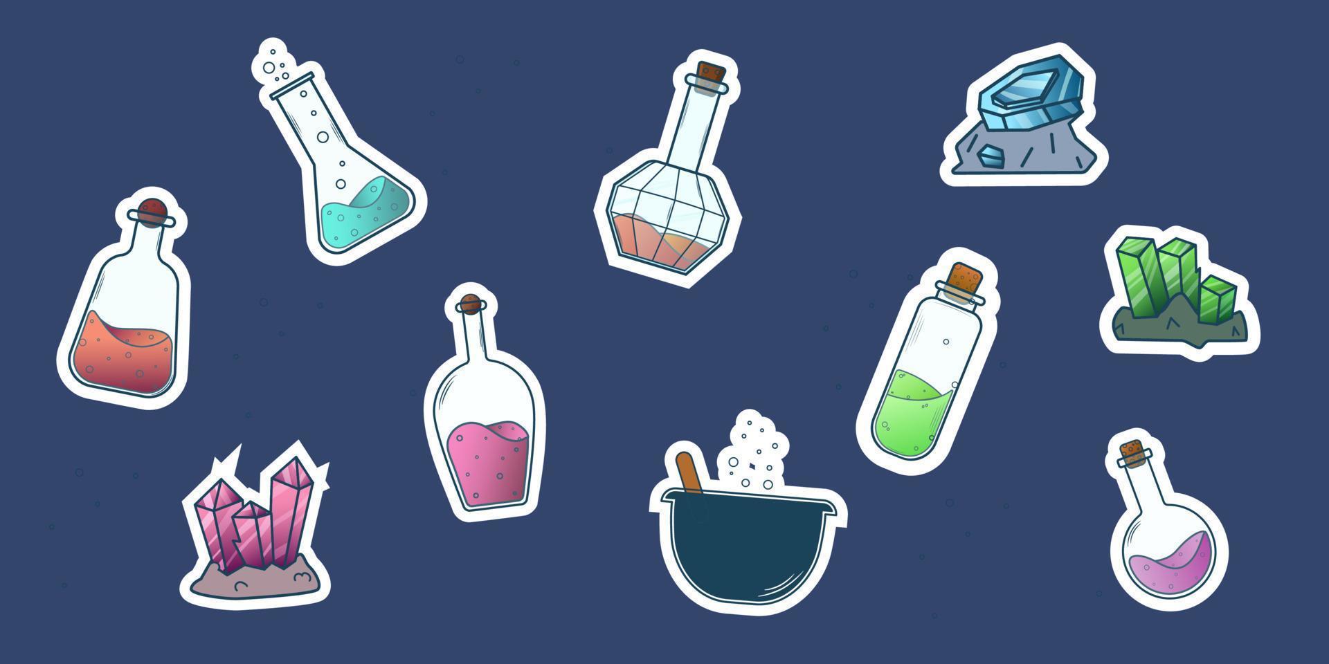 set of stickers magic potion in jars, test tubes, stones, crystals, cauldron. vector