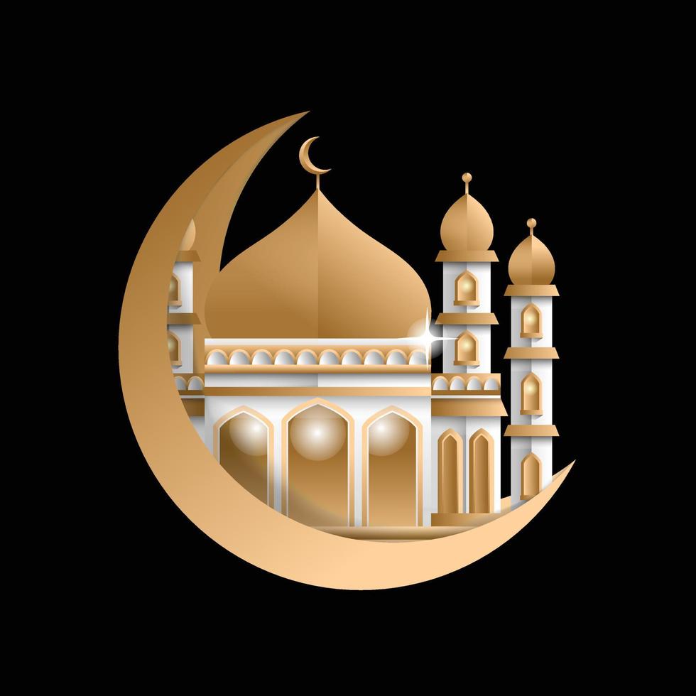 Vector image of a golden dome mosque with a crescent moon