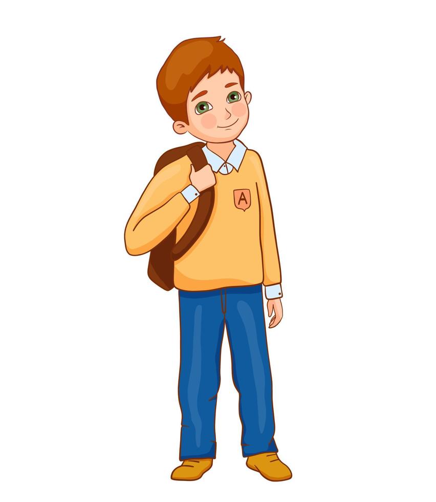 pequeño linda contento chico con mochila aislado en blanco antecedentes. vector plano dibujos animados ilustración