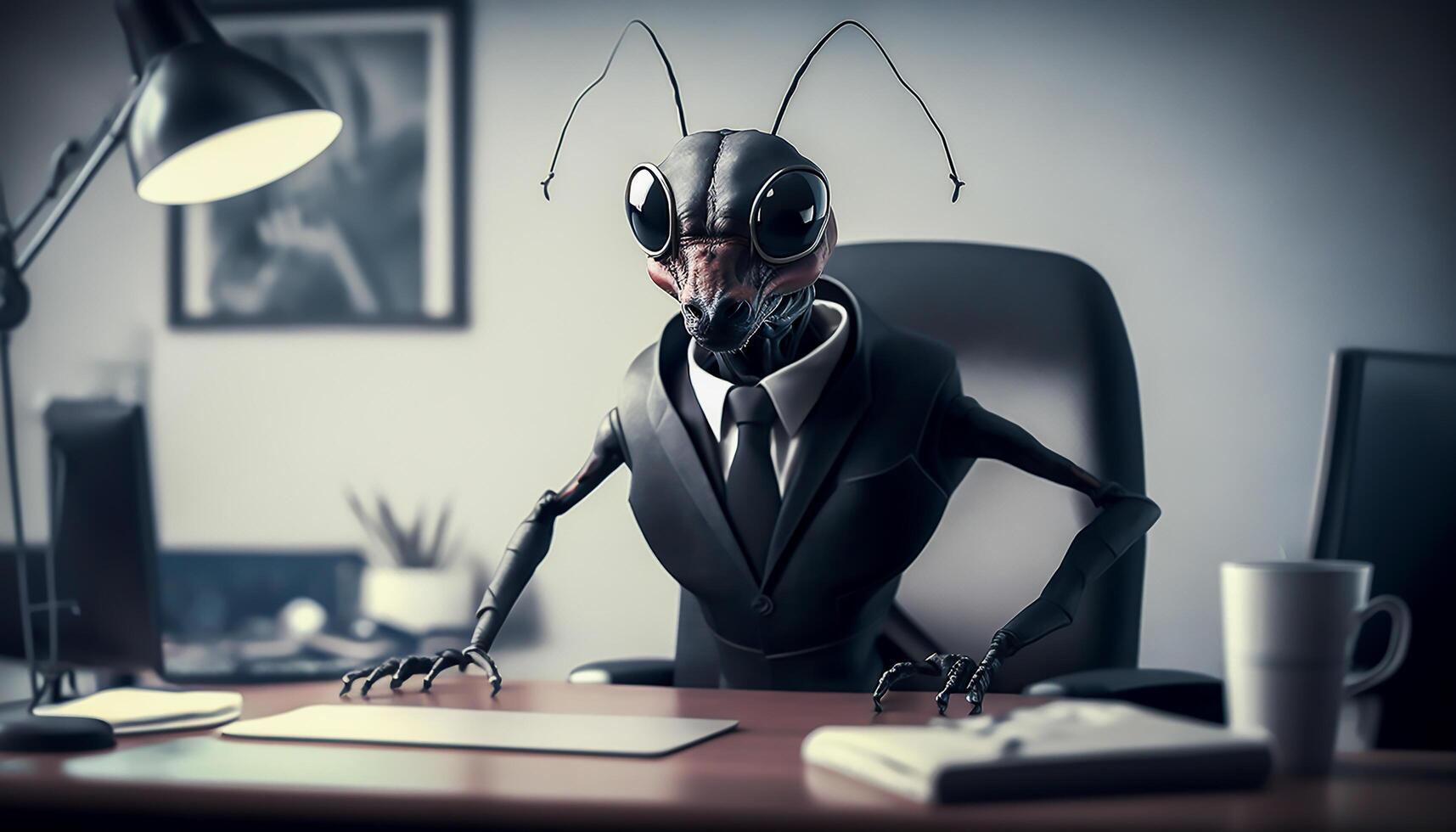 Ant in suit business working in office, photo