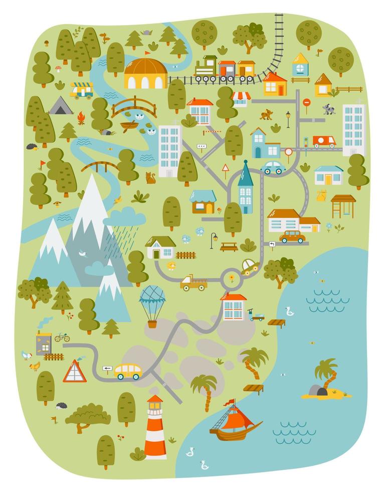 linda pueblo mapa para niños habitación. paisaje con lote detalles. jugar estera para niños actividad. vector ilustración