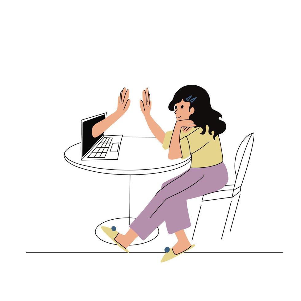 la chica trabaja desde casa en la computadora se comunica. independiente remoto, comunicación en línea vector