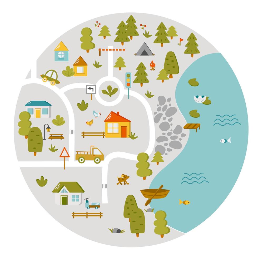 Cute town map for kids room. Landscape with lot details. Play mat for children activity. Vector illustration