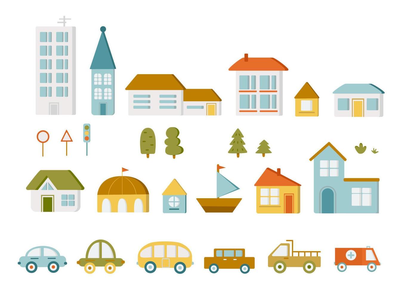 Design elements of a modern city. Create a map your own town with houses and cars. Decoration for the children. Vector illustration
