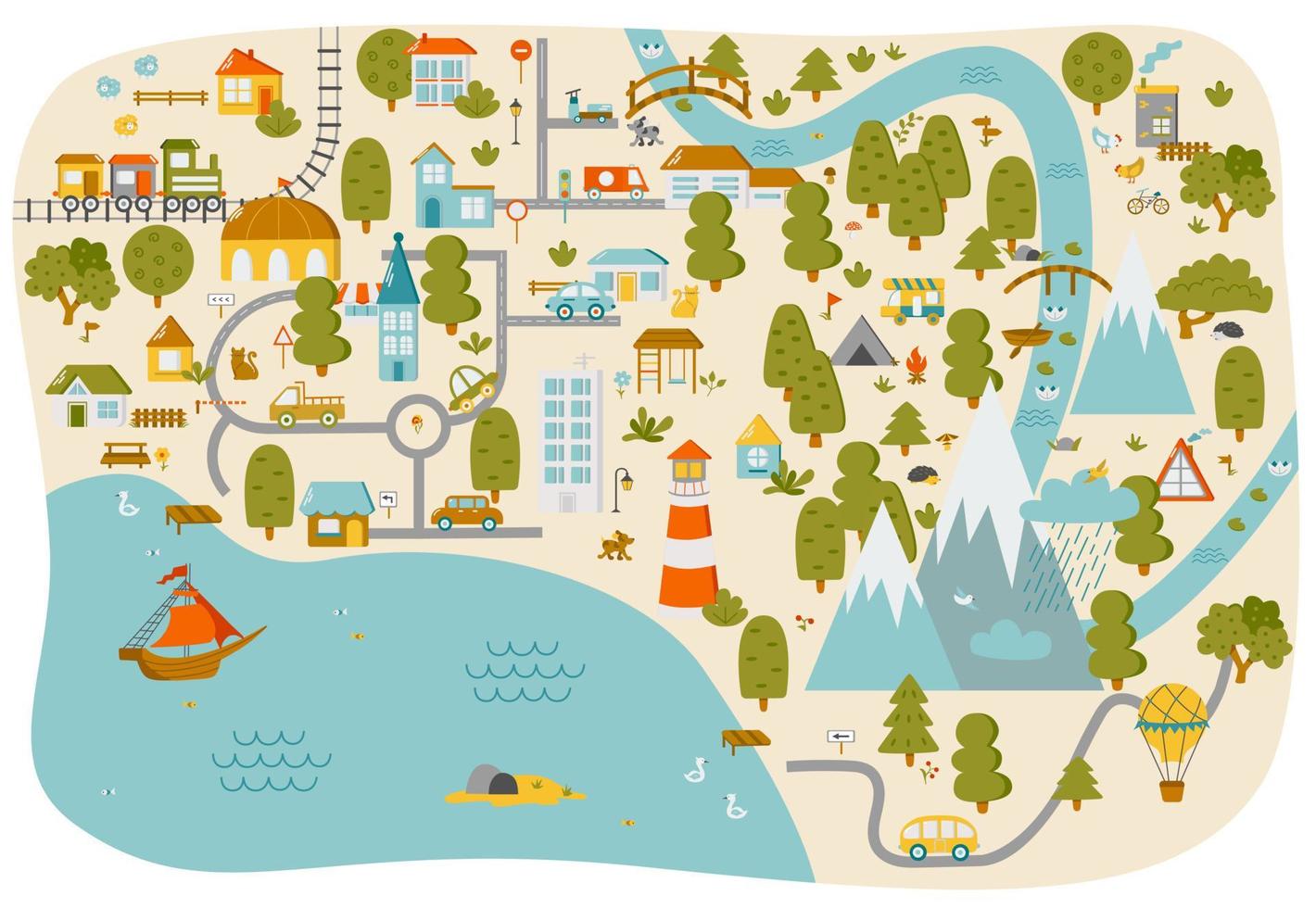 Cute town map for kids room. Landscape with lot details. Play mat for children activity. Vector illustration