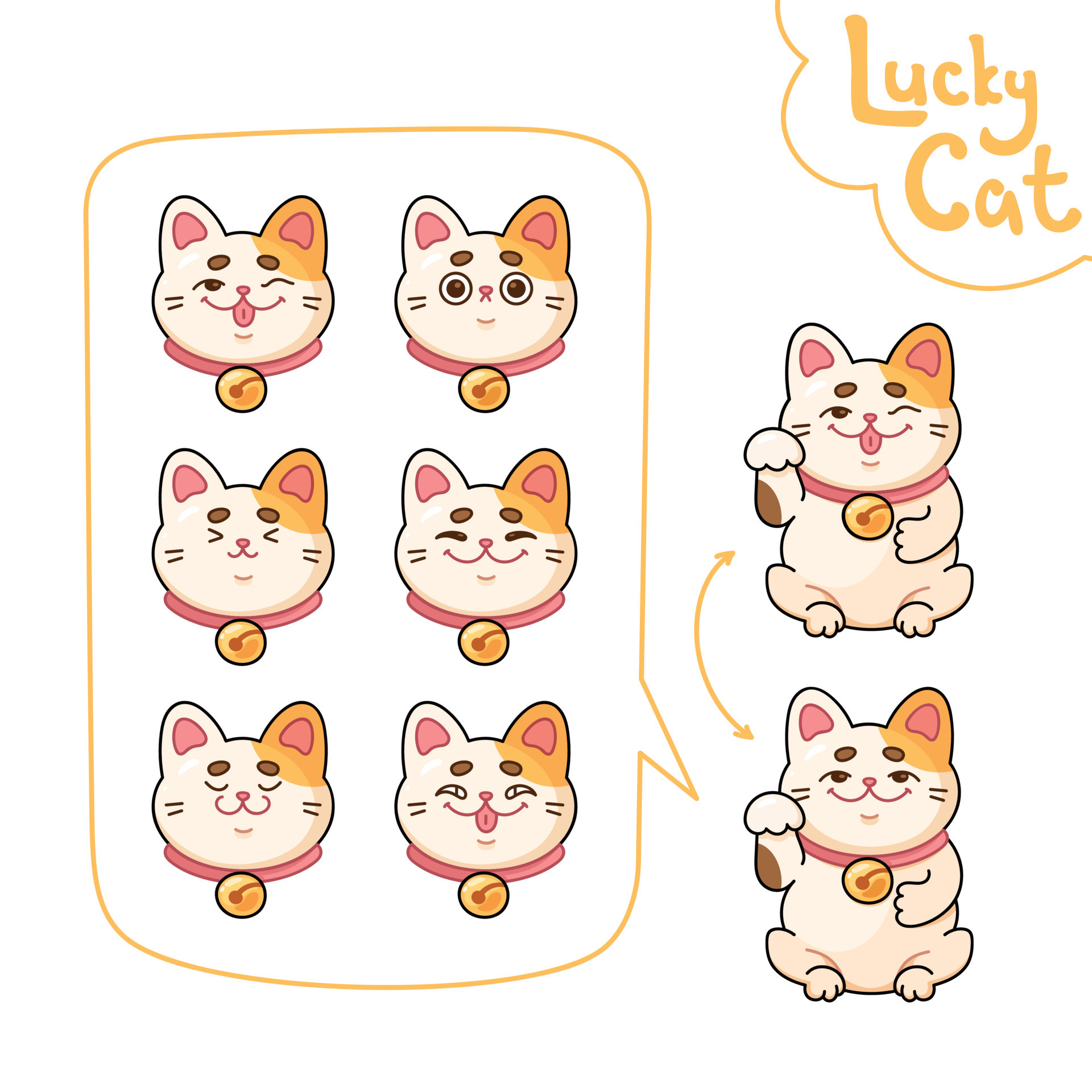 Set of different Japanese lucky cat maneki neko vector illustration.  Isolated on background. Cartoon flat vector illustration Stock Vector