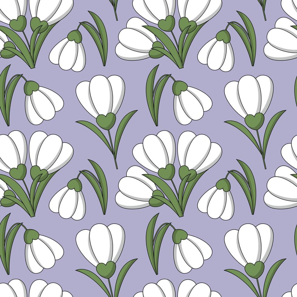 Seamless pattern with flower snowdrop on purple background vector