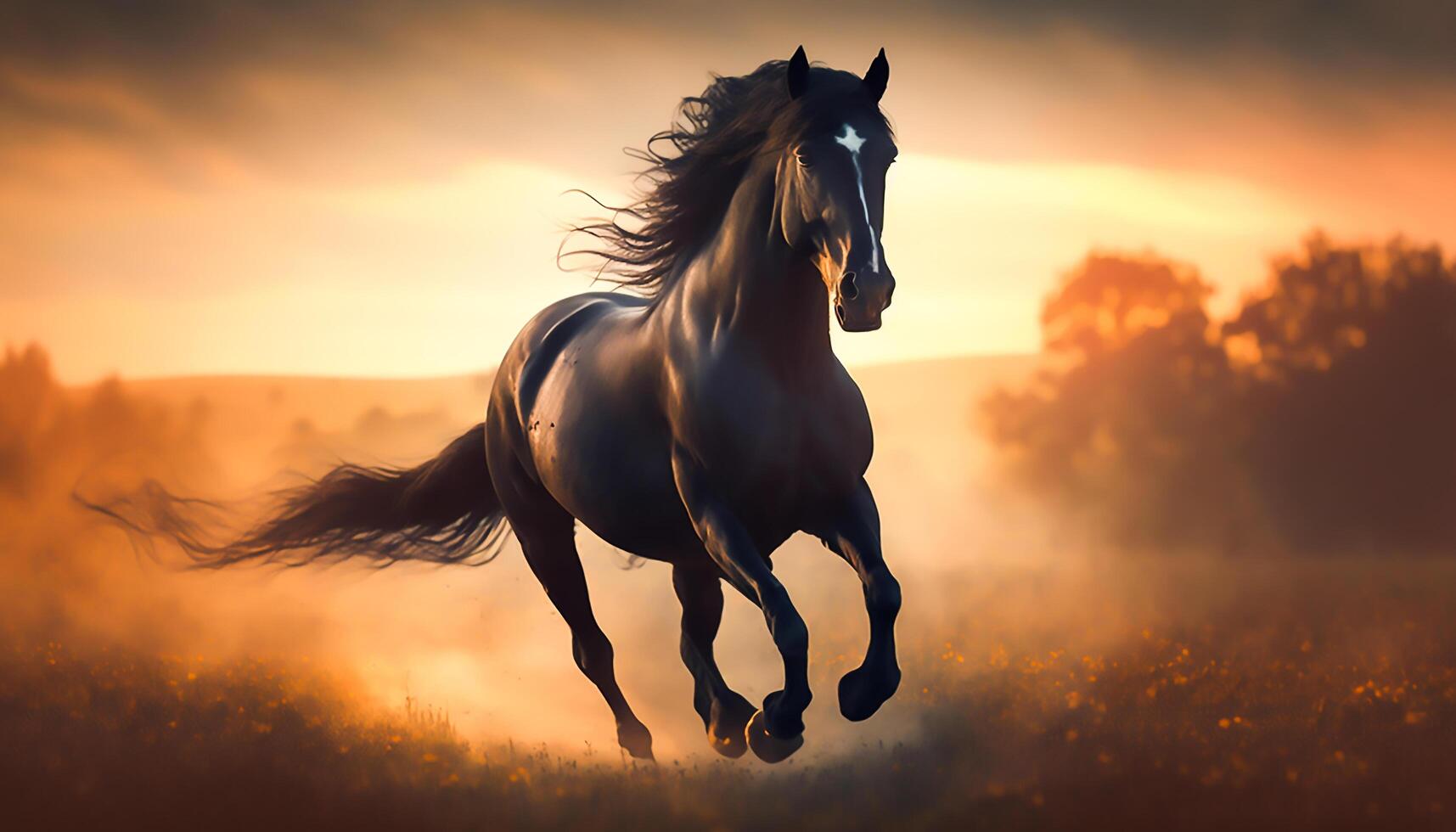 black horse running in a field in gold sunset, photo