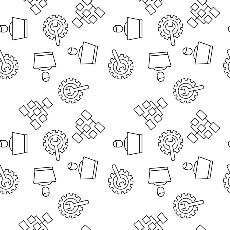 Vector seamless pattern of freelancer, programmer, wrench inside of gear on white background. It can be used for printing on various surfaces