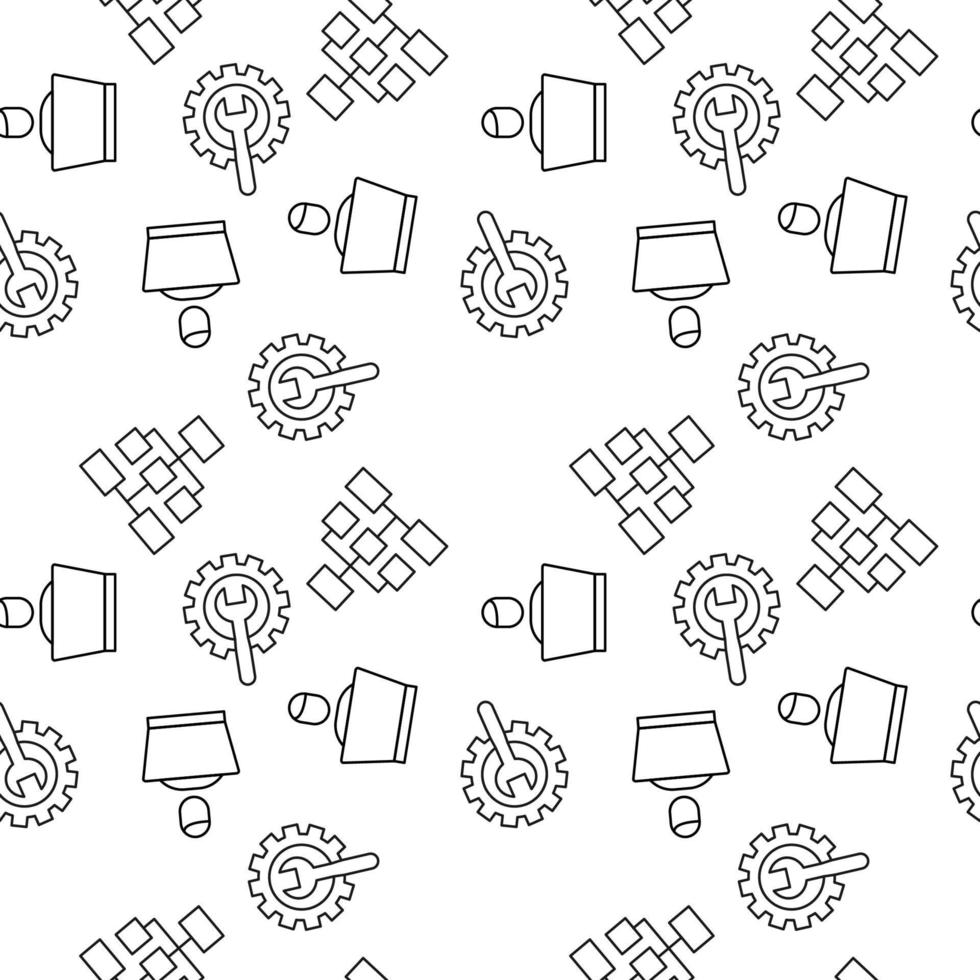 Vector seamless pattern of freelancer, programmer, wrench inside of gear on white background. It can be used for printing on various surfaces