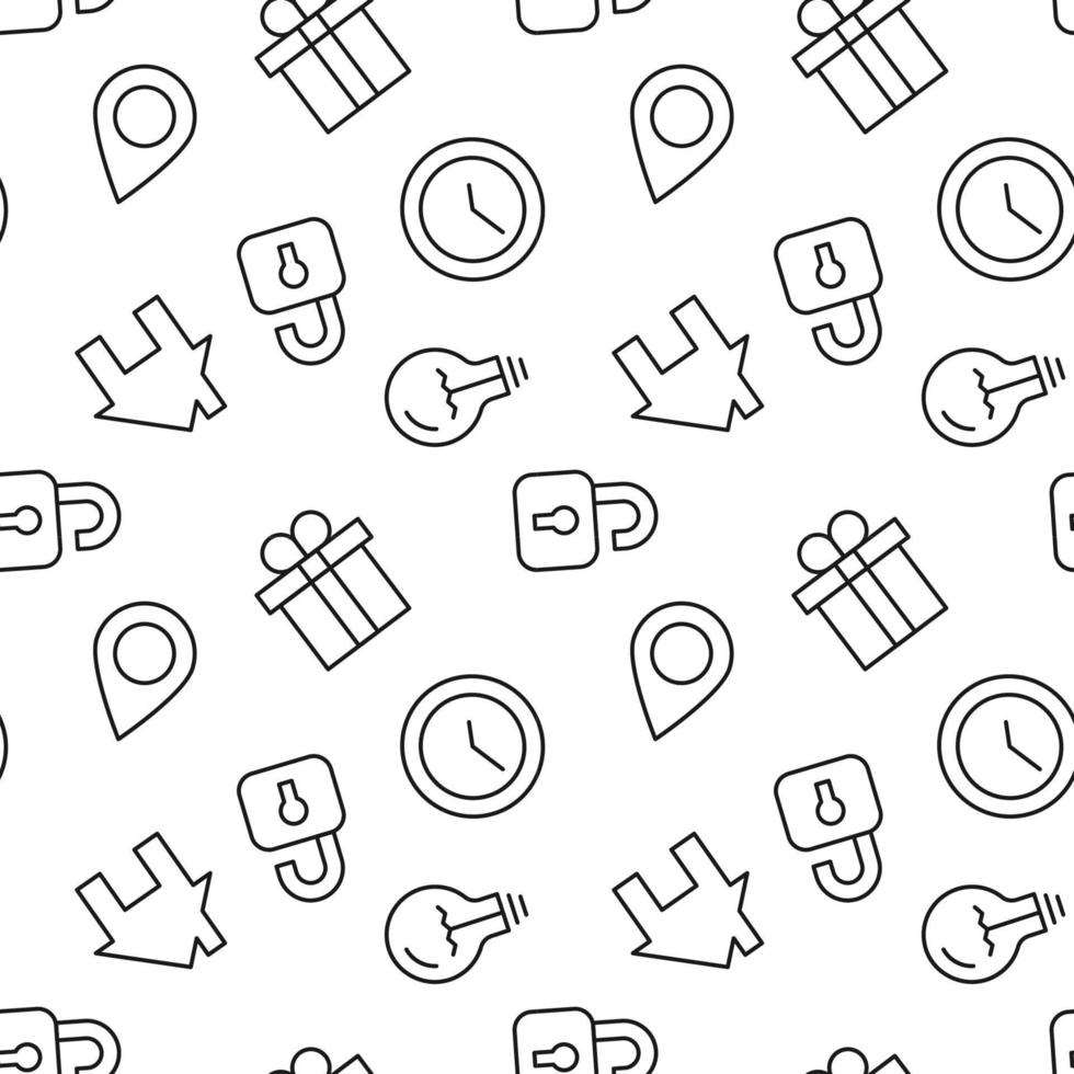 Monochrome vector seamless pattern of clock, house, geolocation sign, present for web sites and polygraphy