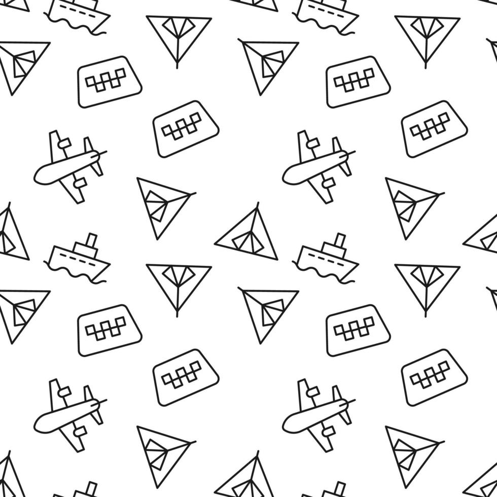 Seamless monochrome repeating pattern of ship, airplane, tent, taxi vector