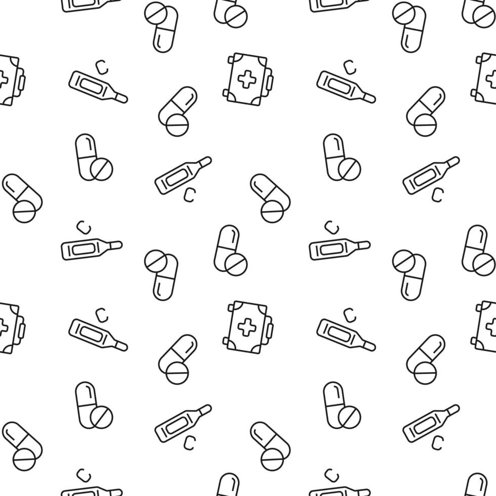 Vector seamless pattern of thermometer, pills, medical suitcase on white background. It can be used for printing on various surfaces