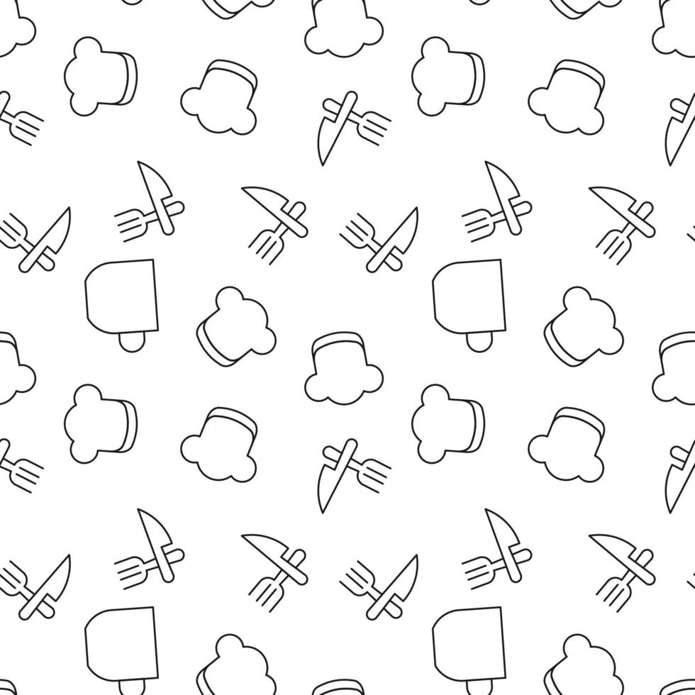 Seamless vector repeating pattern of cup, chef hat, knife and fork. It can be used for web sites, apps, clothes, covers, banners etc