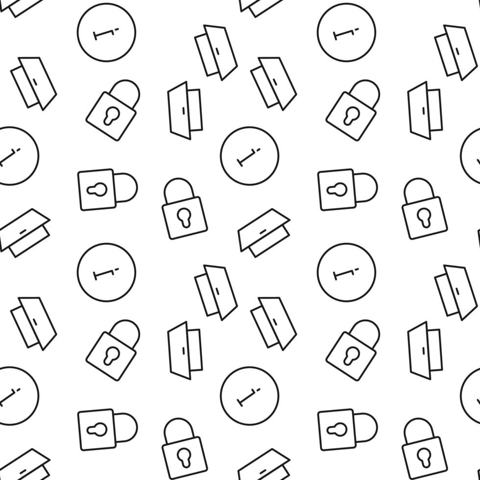Seamless vector repeating pattern of information sign, door, lock is made of line icons for polygraphy and websites