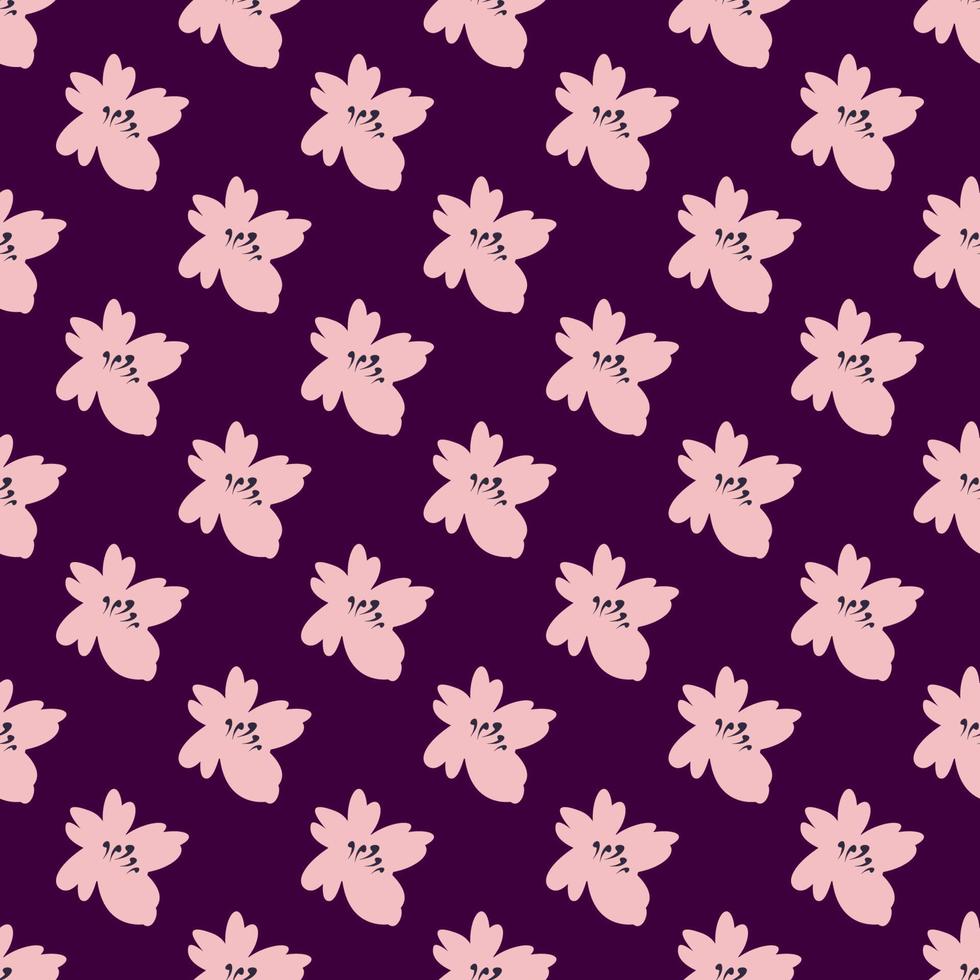 Vector seamless pattern of light pink flower with small petals on dark violet background
