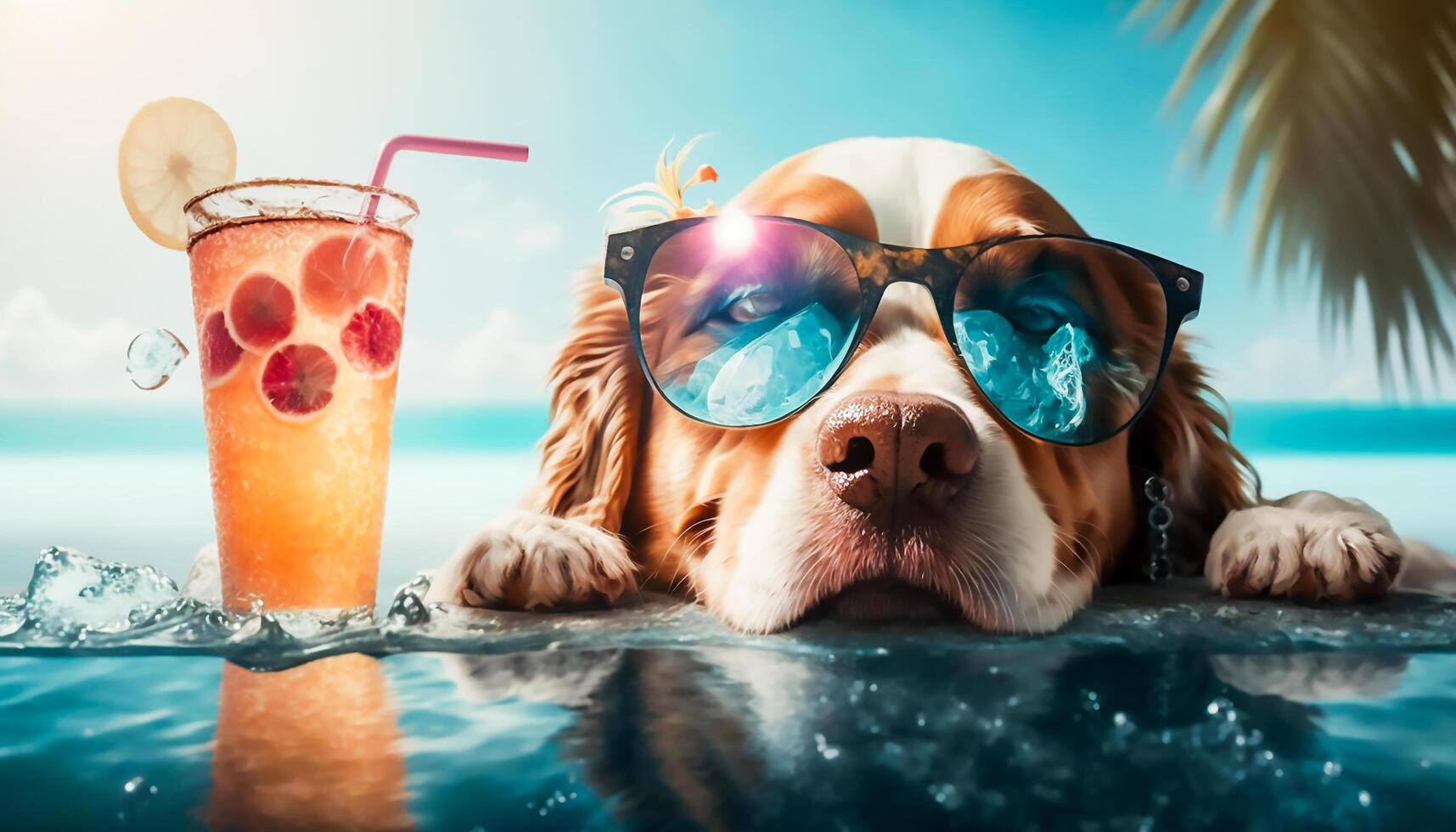 Cute dog - puddle wearing sun glasses enjoying at swimming pool on the beach with adrink, photo