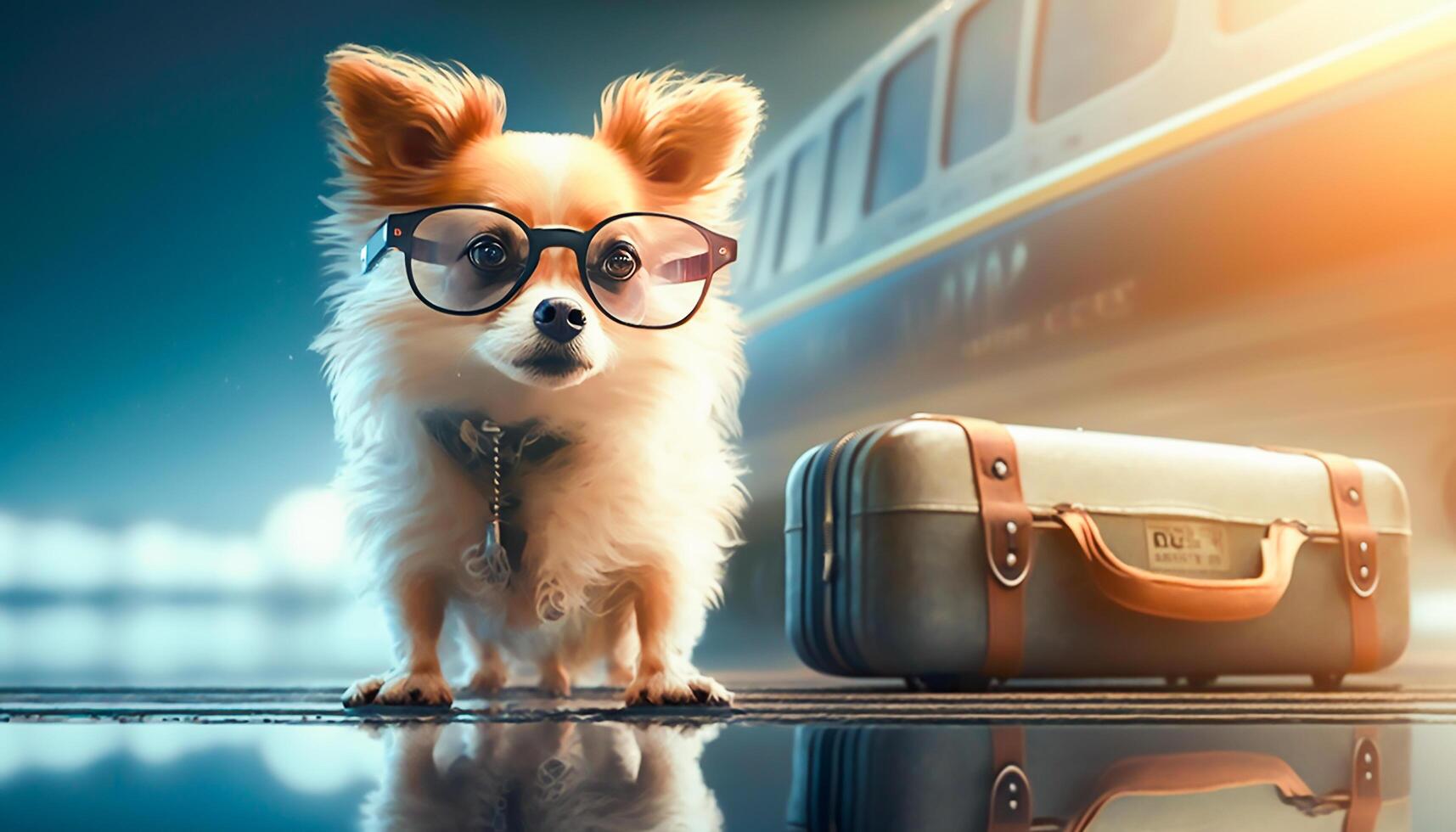 dog wearing sun glasses with luggage to travel, photo