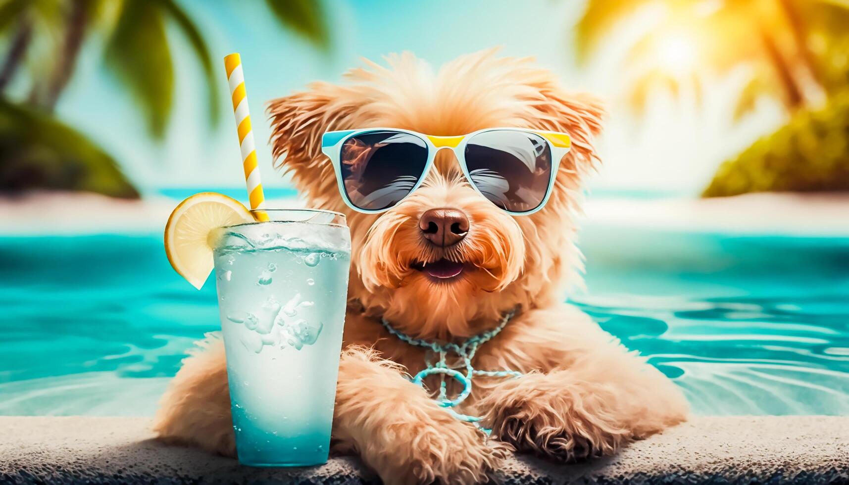 Cute dog - puddle wearing sun glasses enjoying at swimming pool on the beach with adrink, photo