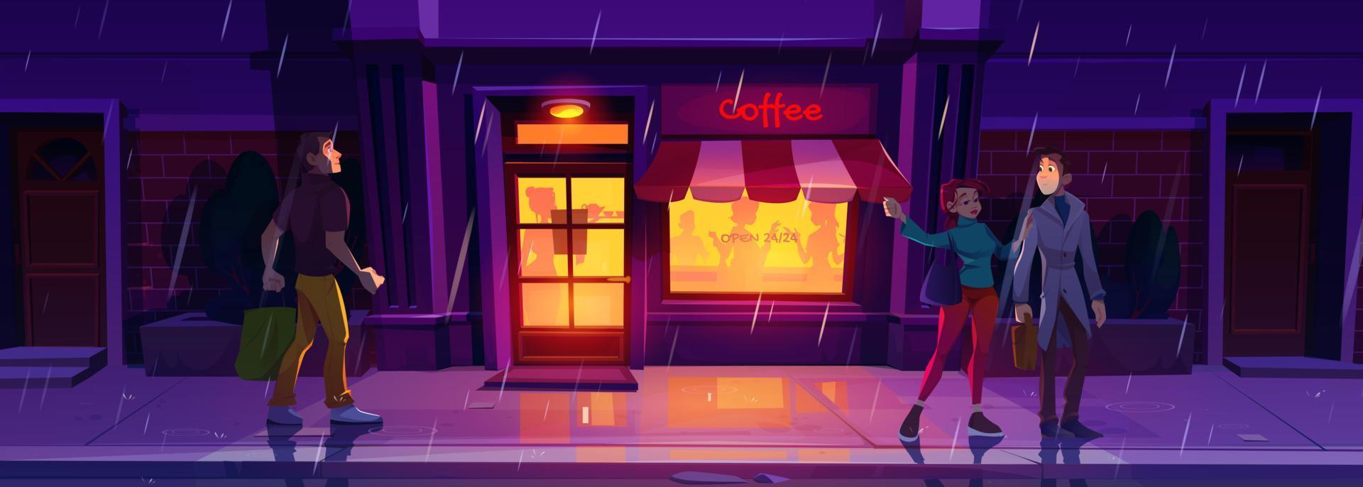 Night street bar in rain, people silhouette relax vector