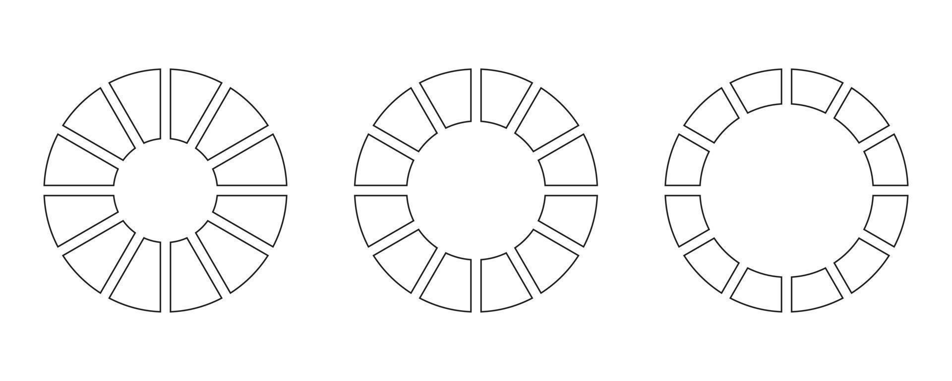 ruedas redondo dividido en doce secciones. diagramas infografía colocar. circulo sección grafico línea Arte. tarta gráfico iconos contorno rosquilla cartas o pasteles segmentario en 12 igual partes. entrenamiento rueda vida blanco. vector