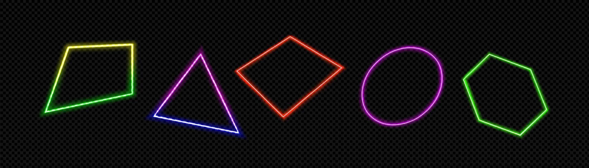 Neon light geometric figures on transparent vector