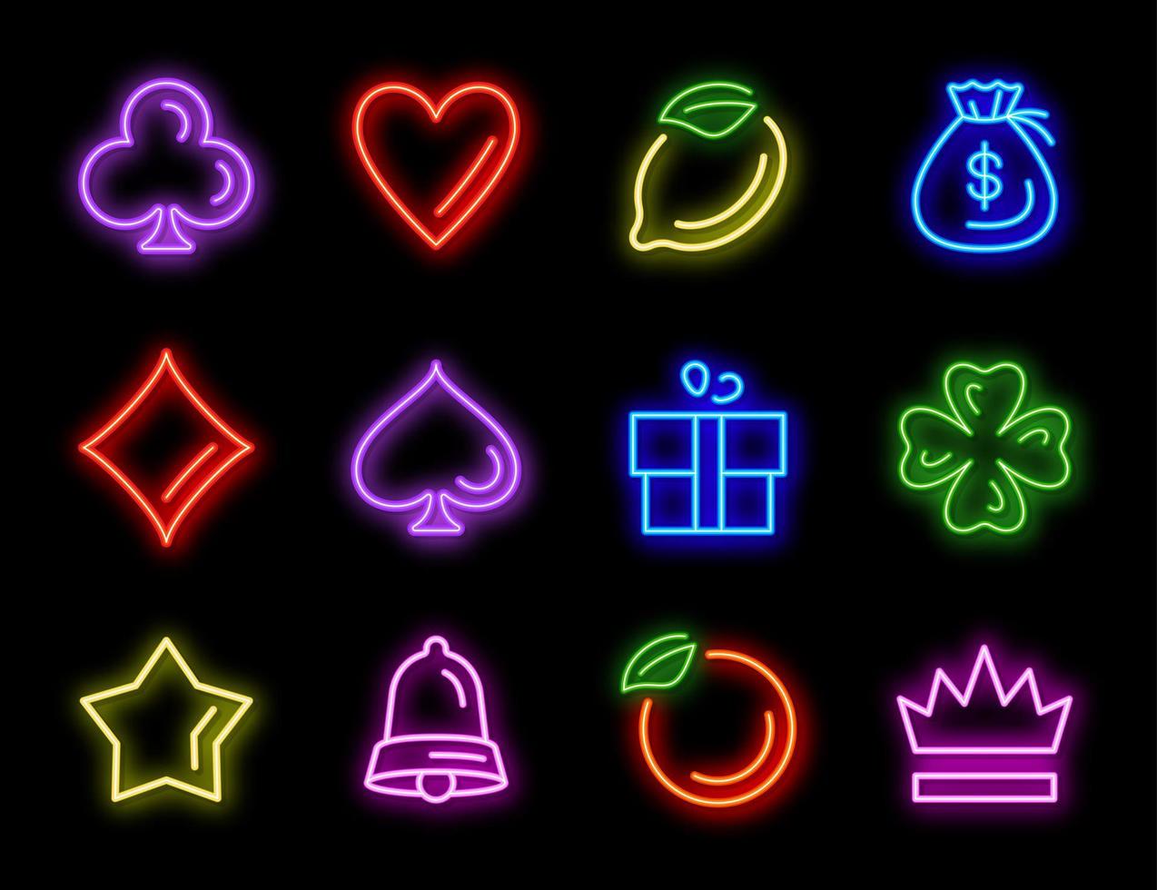 Slot machine neon icons for casino gambling vector