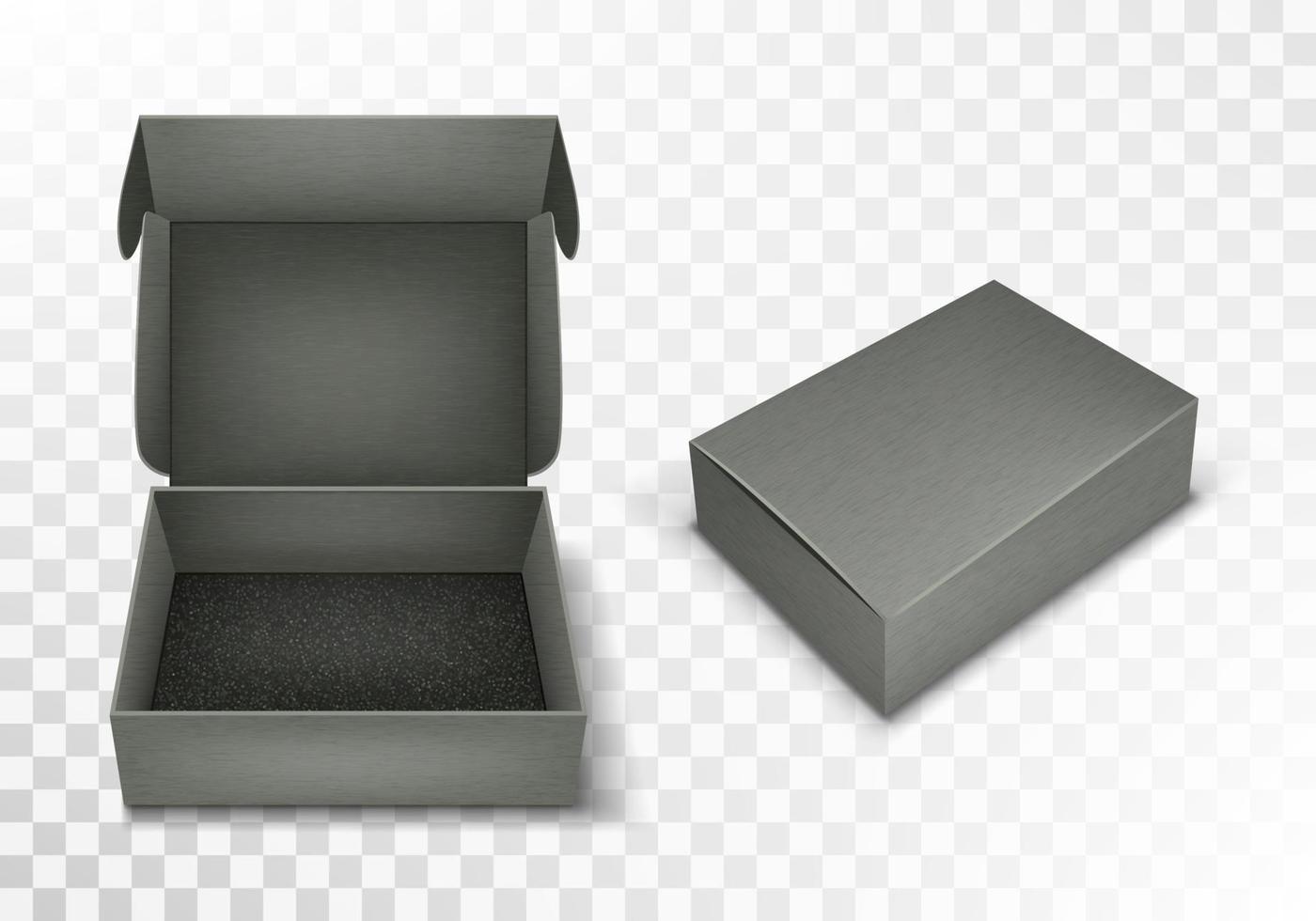 Gray blank cardboard box with flip top, realistic vector