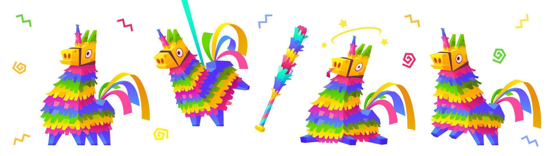 dibujos animados conjunto de arco iris unicornio piñata y murciélago vector