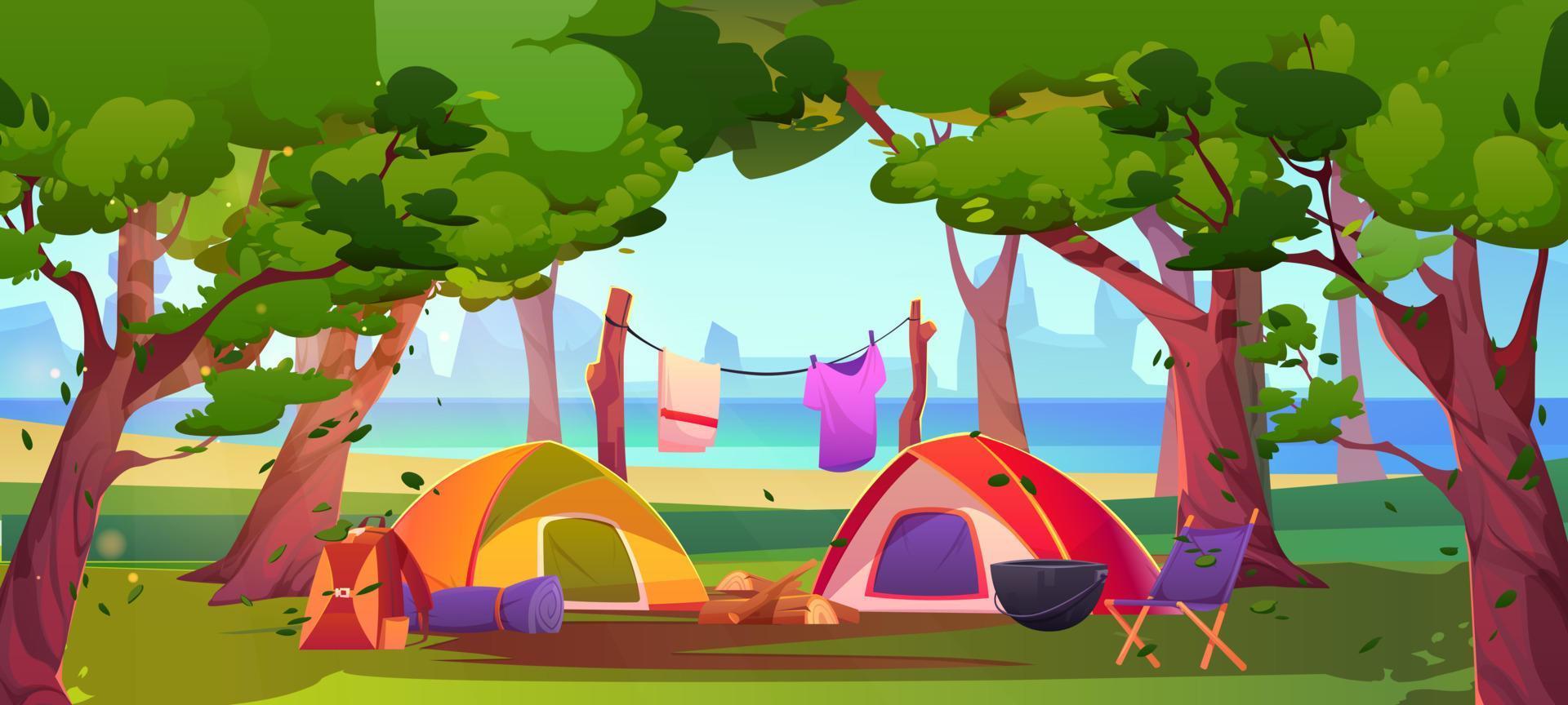 Summer camp in forest with tents and campfire vector