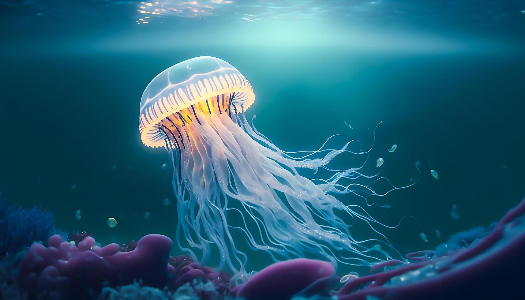 jellyfish swimming in deep sea, photo